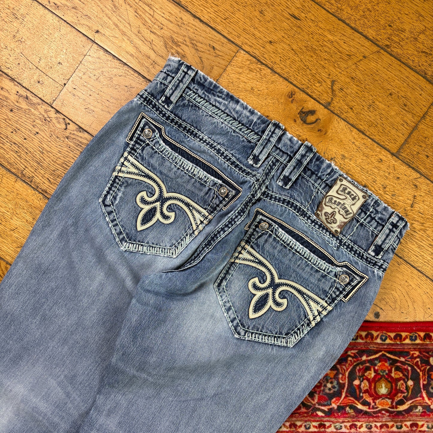 Vintage Rock Revival Blue Embroidered Y2K Hip Hop Straight Jeans - 38