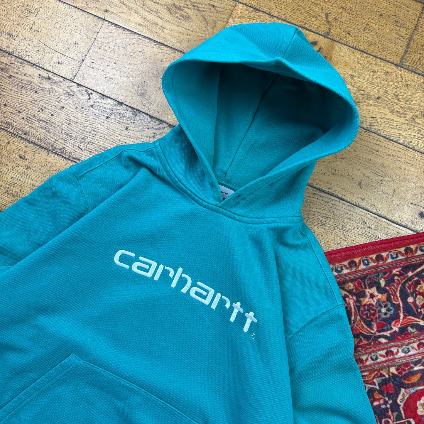Vintage Blue Green Carhartt WIP Embroidered Hoodie Sweatshirt - L