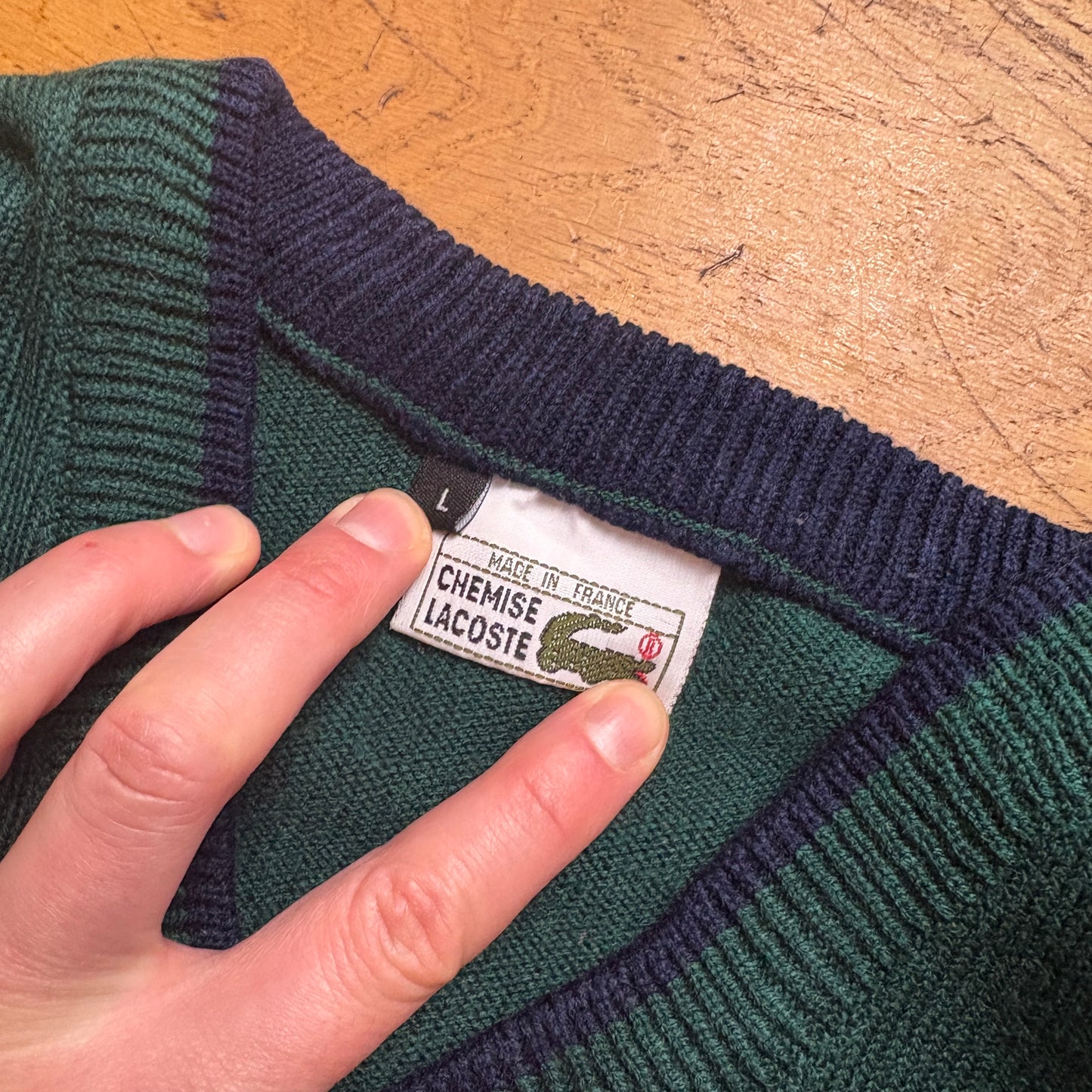 Vintage Green Chemise Lacoste Stripe Chunky Knit Jumper - L