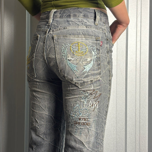 Embroidered Grey Grunge Japanese Denim Hip Hop Y2K Baggy Jeans - 30S