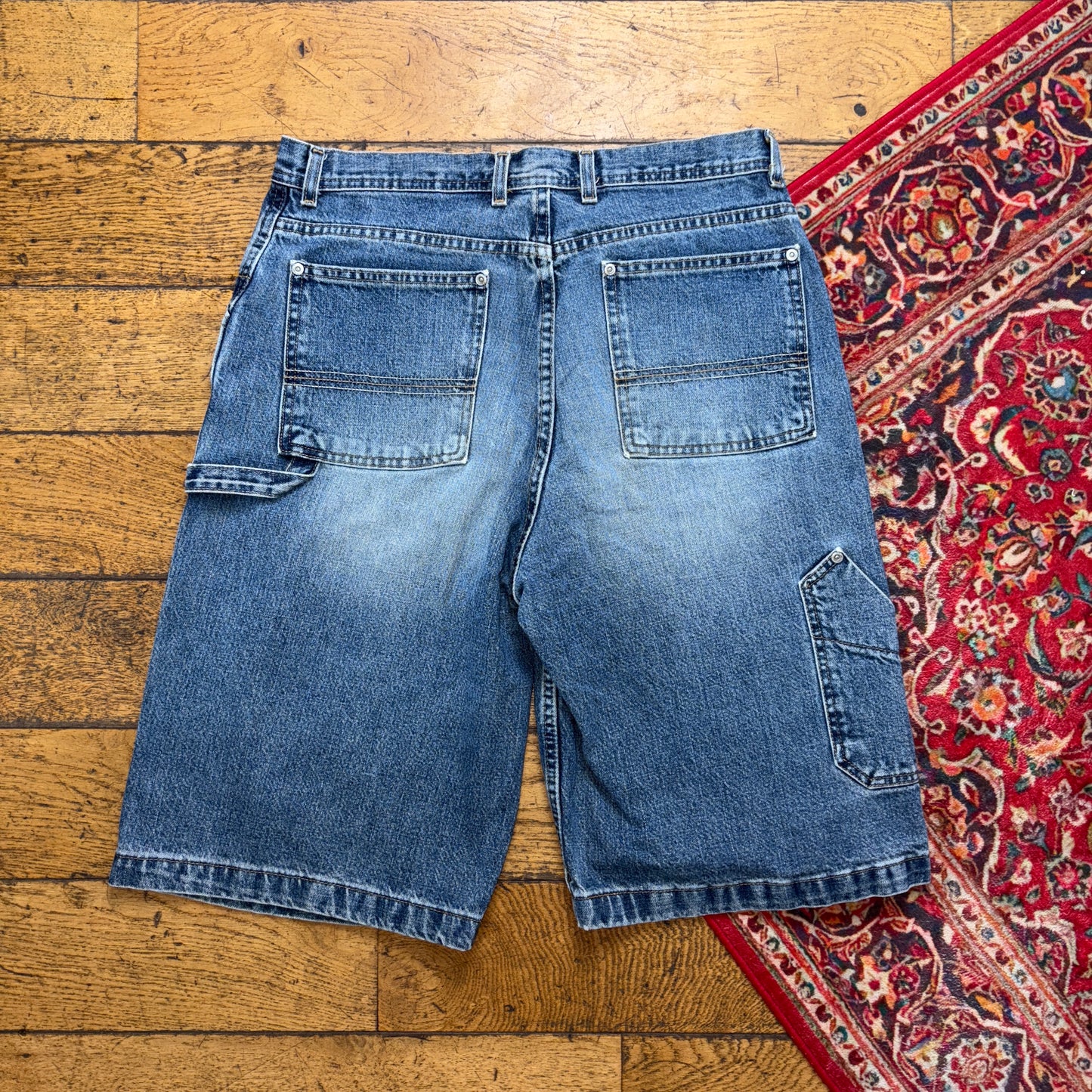 Vintage Blue Embroidered Y2K Hip Hop Baggy Shorts Jorts - 34