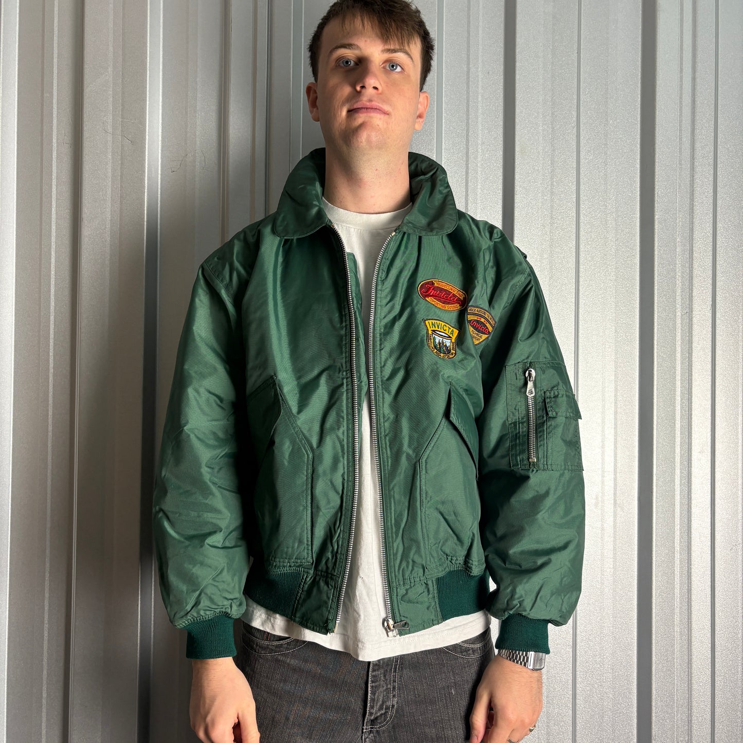 Vintage Invicta Green Bomber Patch Aviator Boxy Jacket - XL