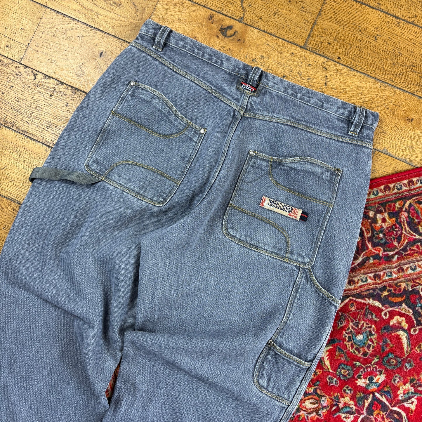 Vintage Willies Grey Carpenter Embroidered Y2K Hip Hop Baggy Jeans - 38