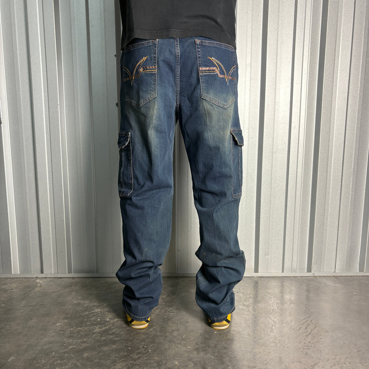 Embroidered Blue Cargo Japanese Denim Hip Hop Y2K Baggy Jeans - 36R