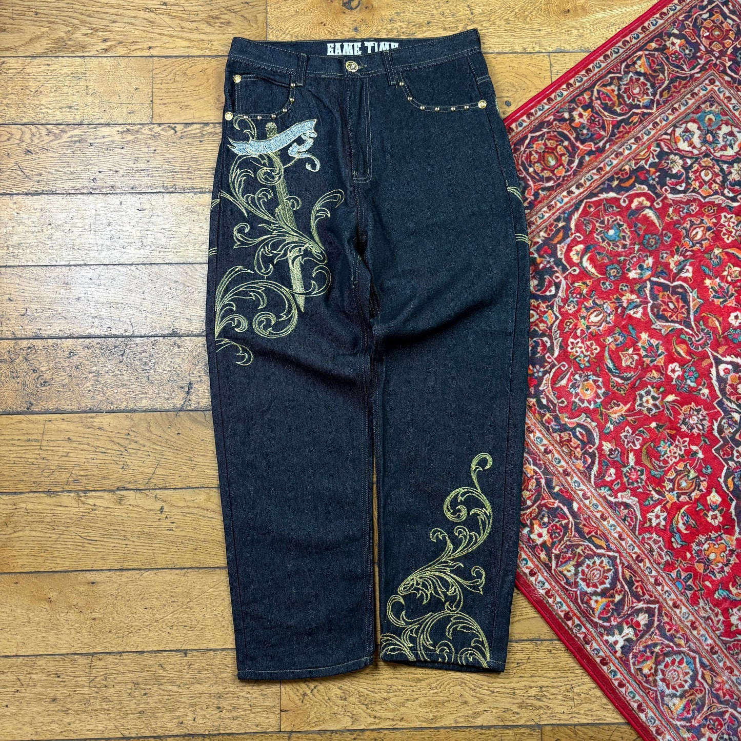 Vintage Black Gold Embroidered Y2K Hip Hop Baggy Jeans - 34