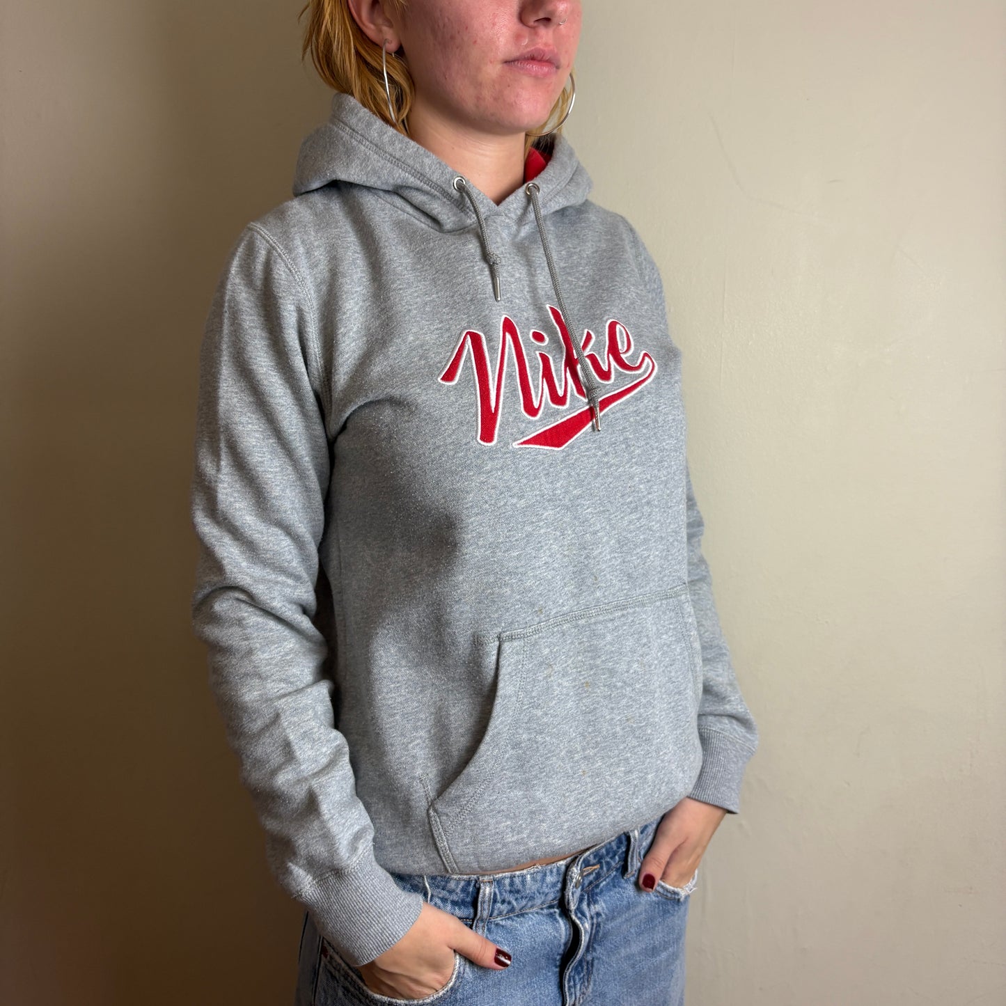 Vintage Nike Grey Spellout Womens Embroidered Hoodie Sweatshirt - L