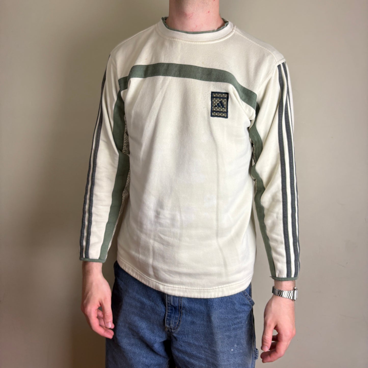 Vintage 90s Adidas Cream Green Embroidered Sweatshirt - S
