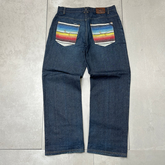 Vintage Embroidered LRG Hip Hop Baggy Blue Jeans - 36