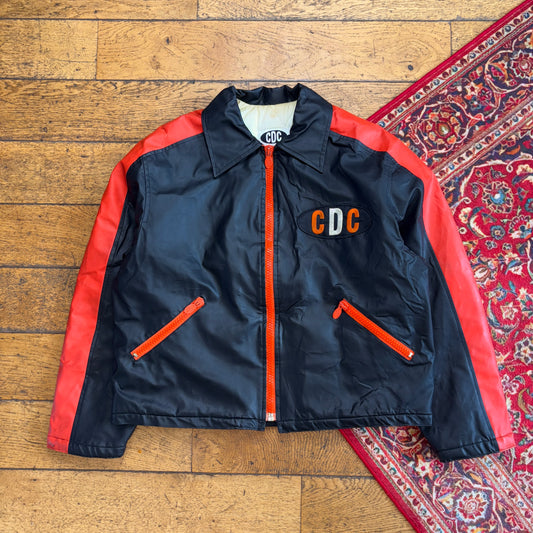 Vintage CDC Black Orange Biker Boxy Cropped Faux Leather Jacket - L