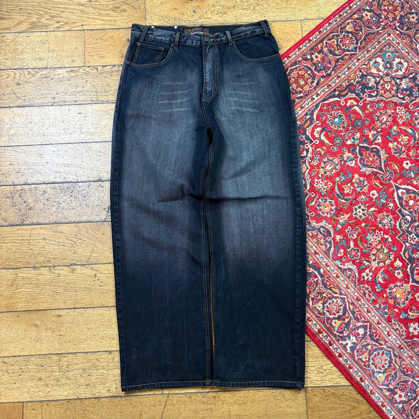 Vintage Black Embroidered Y2K Hip Hop Baggy Jeans - 34