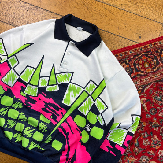 Vintage 90s White Pattern Rugby Polo Sweatshirt - L