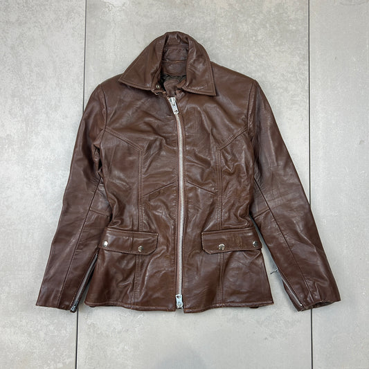 Vintage Y2K Brown Genuine Leather Bomber Trench Jacket - Size 8