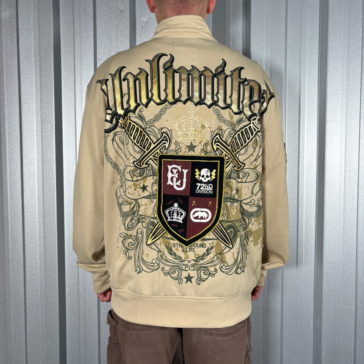 Ecko Unltd Cream Zip Up Y2K Embroidered Hip Hop Sweatshirt - L