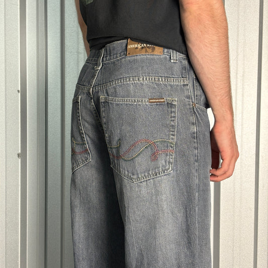 Embroidered Grey Blue Japanese Denim Hip Hop Y2K Baggy Jeans - 34S
