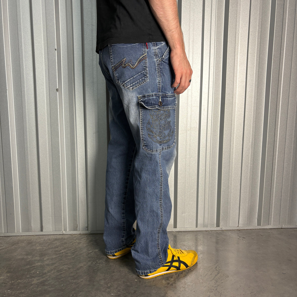 Embroidered Blue Cargo Japanese Denim Hip Hop Y2K Baggy Jeans - 36S