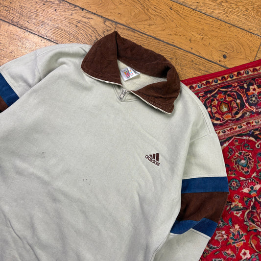 Vintage 90s Adidas Cream Corduroy Zip Embroidered Sweatshirt - L