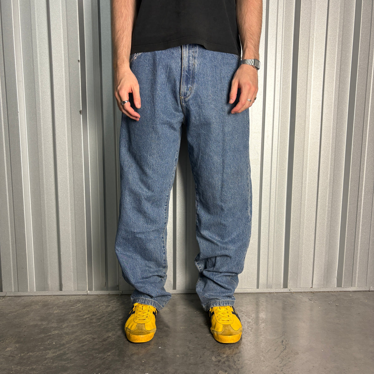 Harlem World Blue Embroidered Japanese Denim Hip Hop Y2K Baggy Jeans - 36L