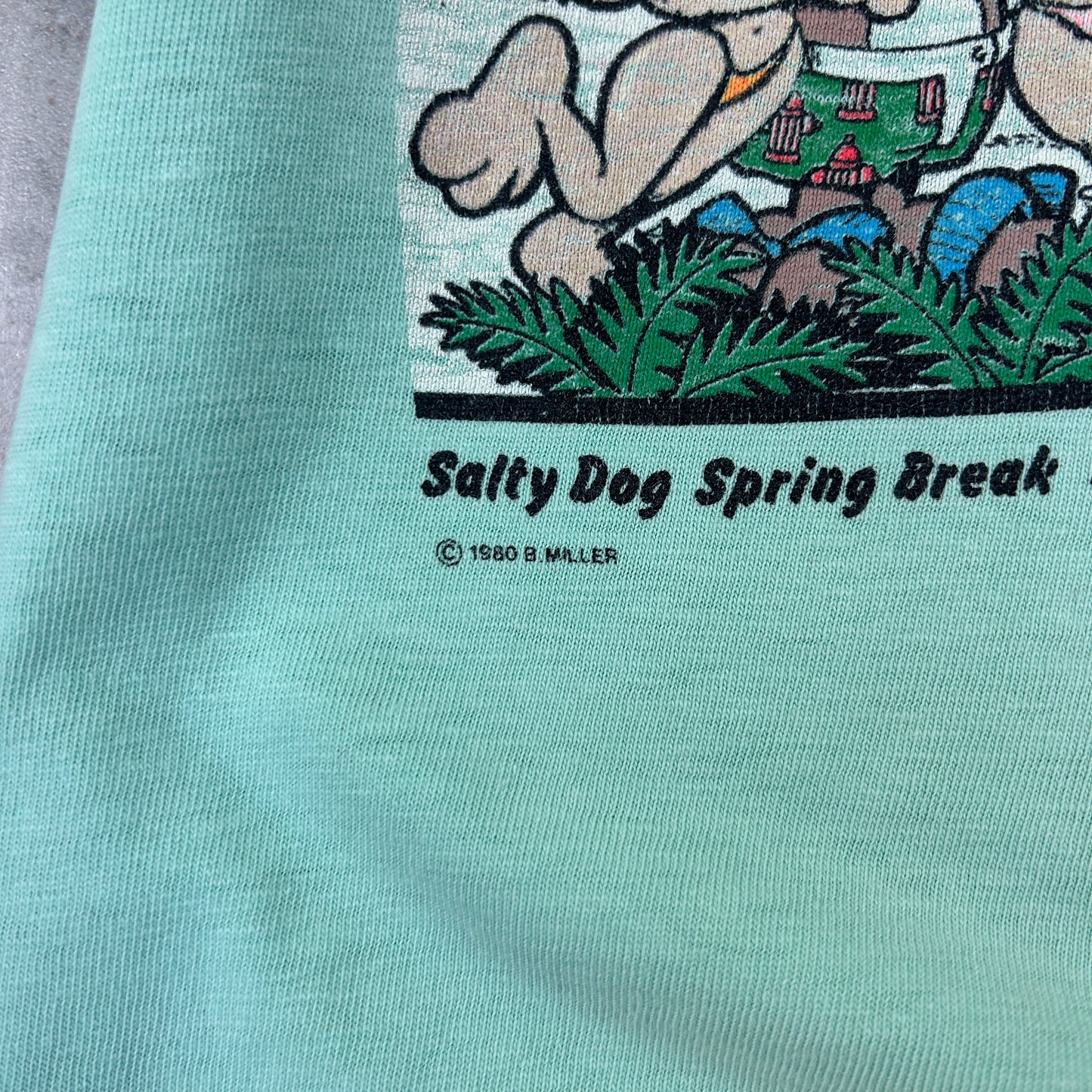 Vintage Rare 1980 Salty Dog Surf Shop Single Stitch Graphic Green T-Shirt - S