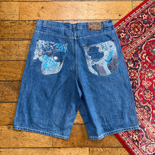 Vintage Artful Dodger Blue Embroidered Y2K Hip Hop Baggy Jeans Shorts Jorts - 38