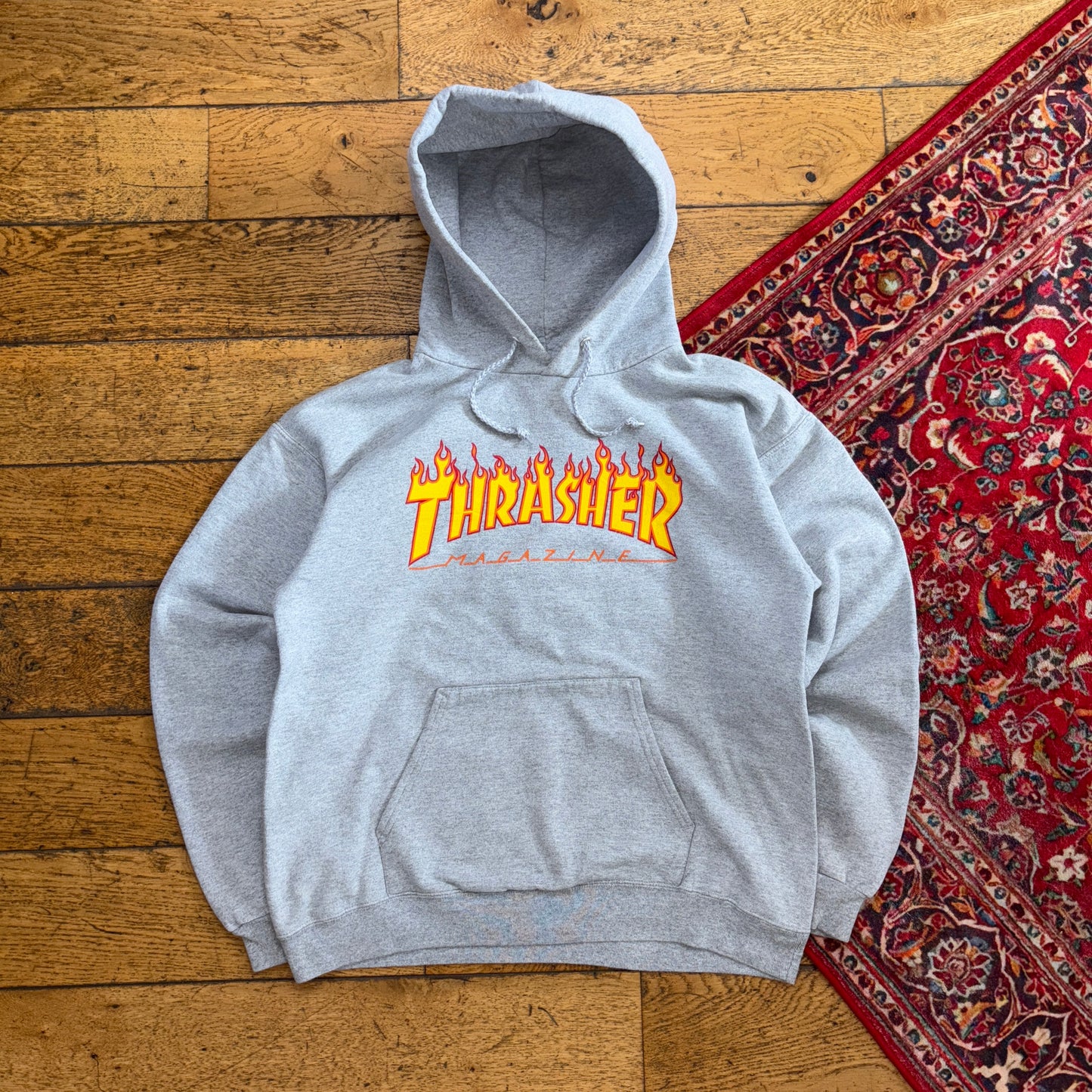 Vintage Thrasher Grey Flames Skate Hoodie Sweatshirt - S