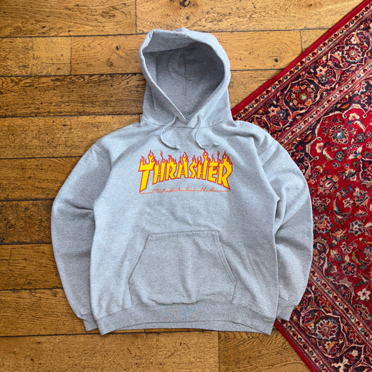 Vintage Thrasher Grey Flames Skate Hoodie Sweatshirt - S