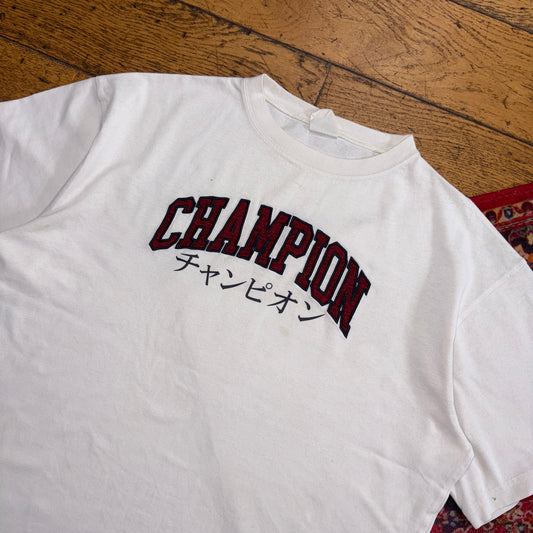 Vintage Champion White Embroidered Spellout Boxy Graphic T-Shirt - L