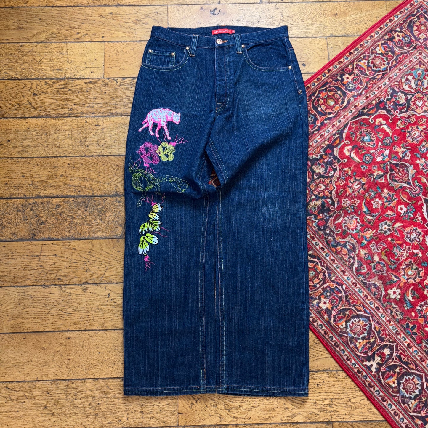 Vintage All Nations Are One Blue Embroidered Y2K Hip Hop Baggy Jeans - 34R