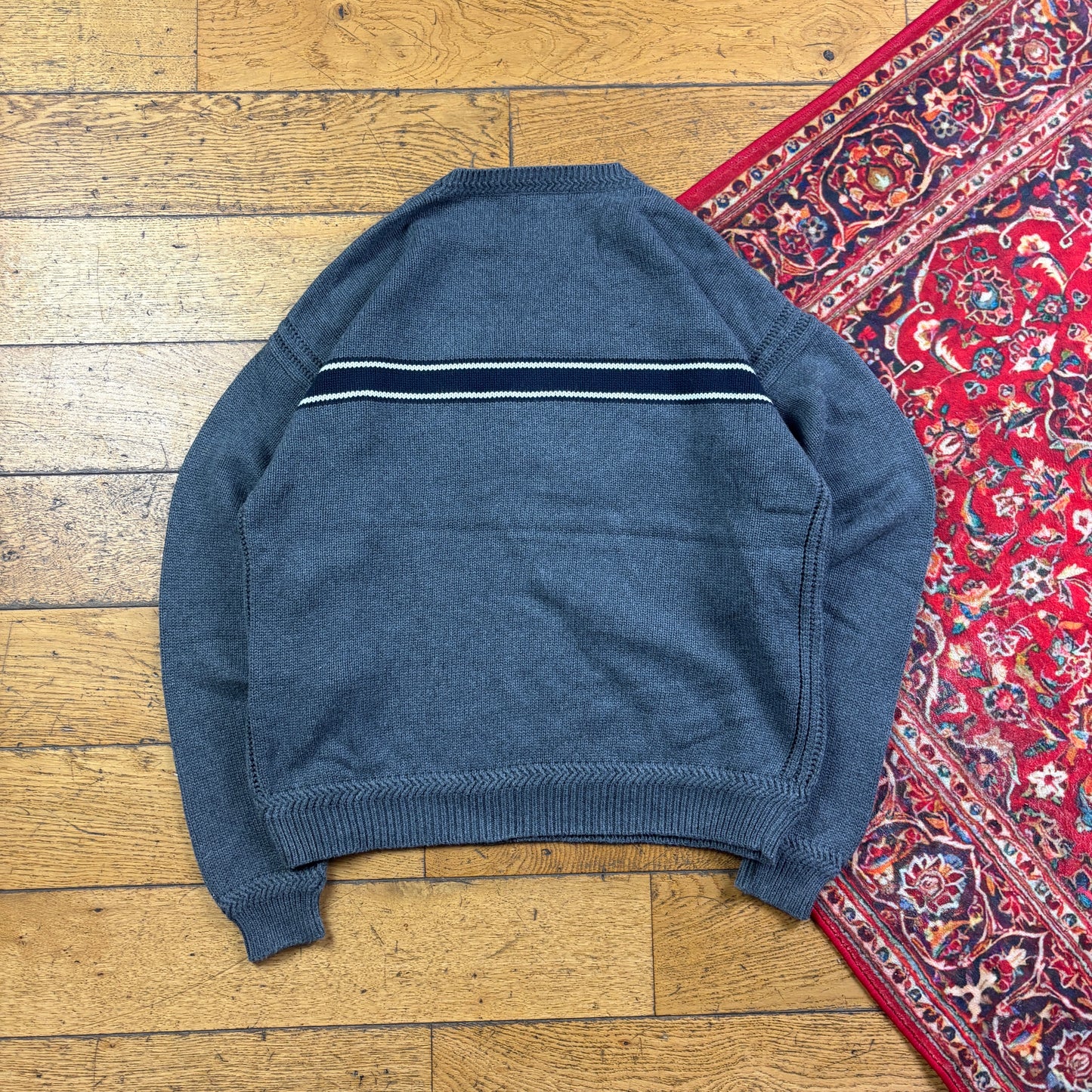 Vintage Nautica Grey Stripe Knit Jumper - M