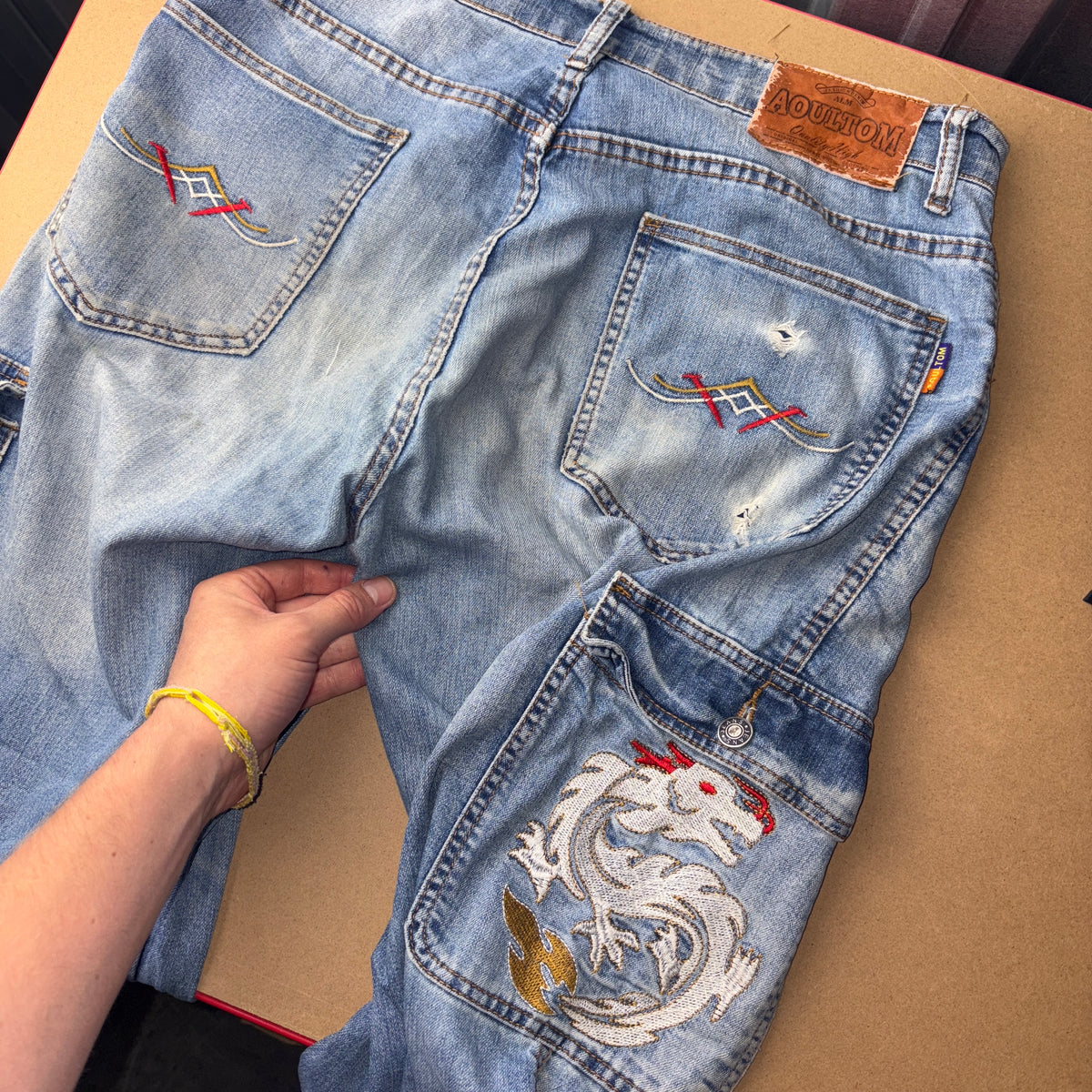Embroidered Dragon Blue Cargo Japanese Denim Hip Hop Y2K Baggy Jeans - 34S
