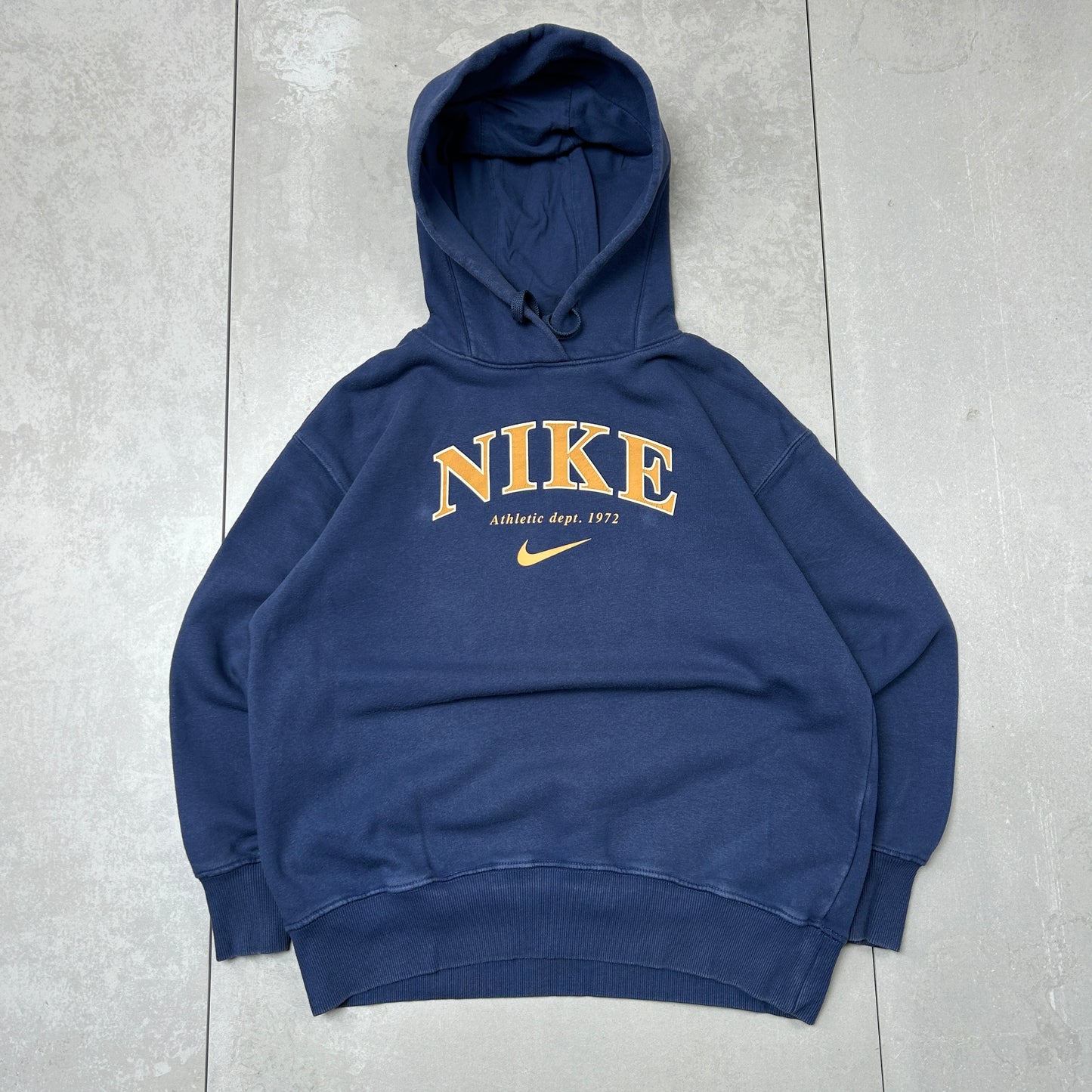 Vintage Nike Navy Spellout Hoodie Sweatshirt - S