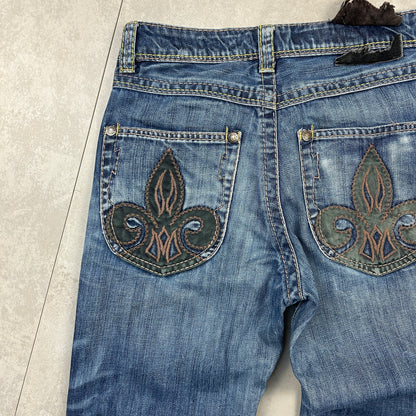 Vintage Big Train Embroidered Baggy Straight Dark Blue Japanese Denim Jeans - 30