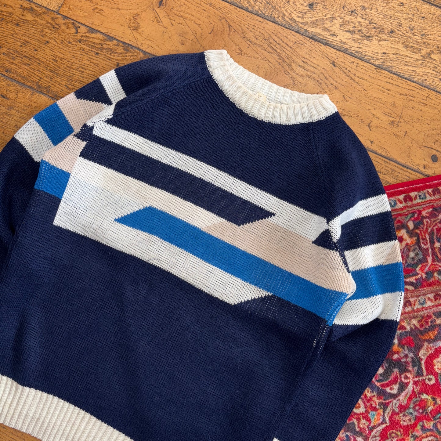 Vintage Navy Pattern Chunky Knit Jumper - XS