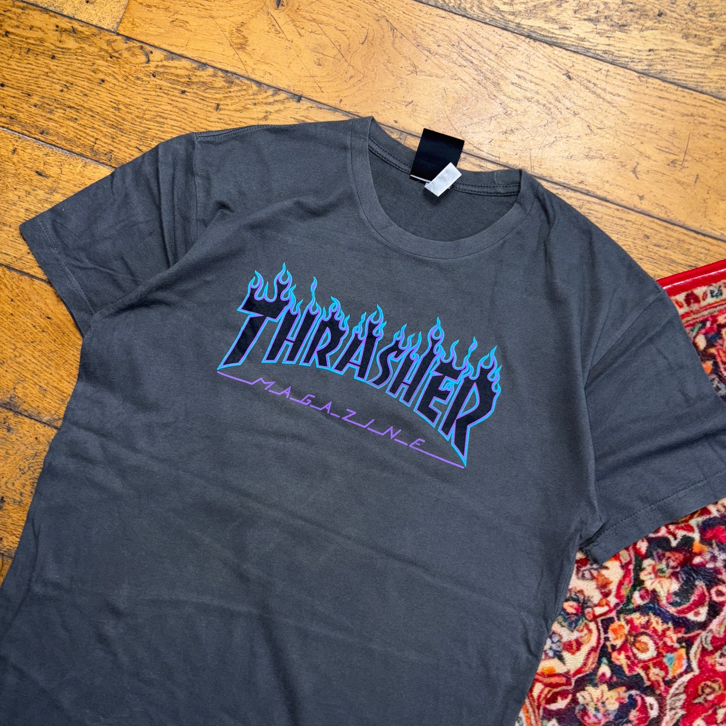 Vintage Thrasher Grey Skate Flames Graphic T-Shirt - XS