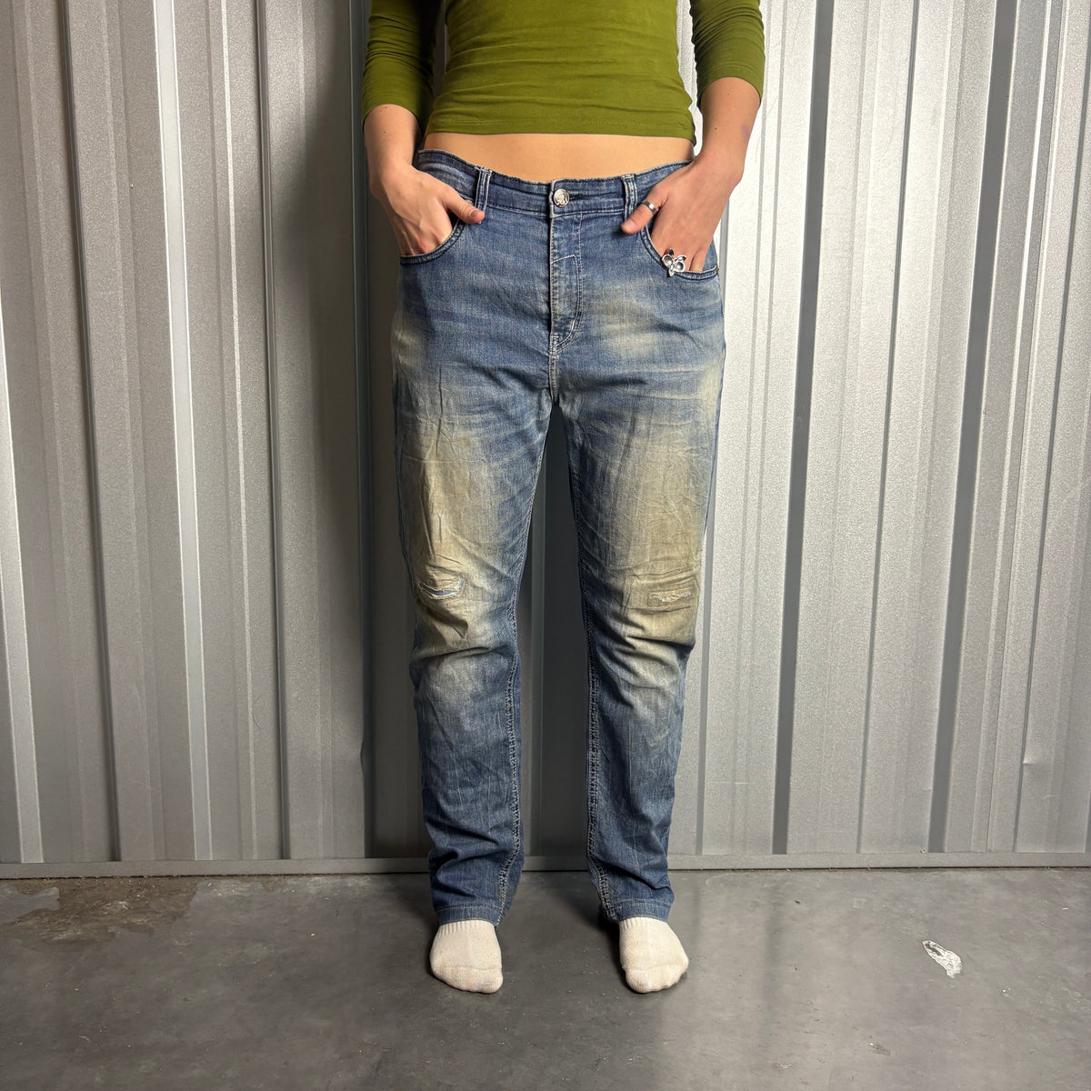 Embroidered Oniarai Blue Grunge Japanese Denim Hip Hop Y2K Baggy Jeans - 34S