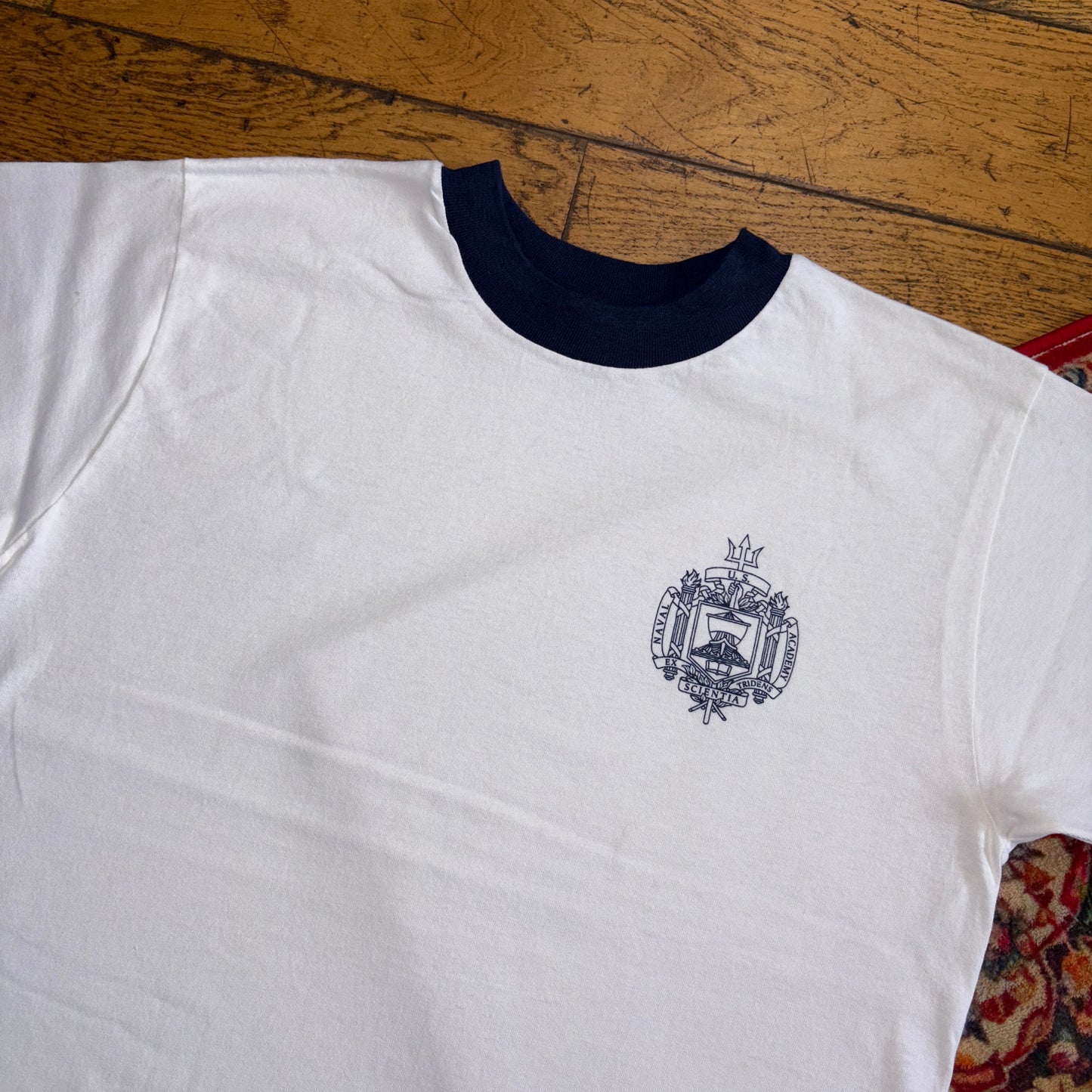 Vintage 70s White Ringer US Navy Single Stitch Graphic T-Shirt - S