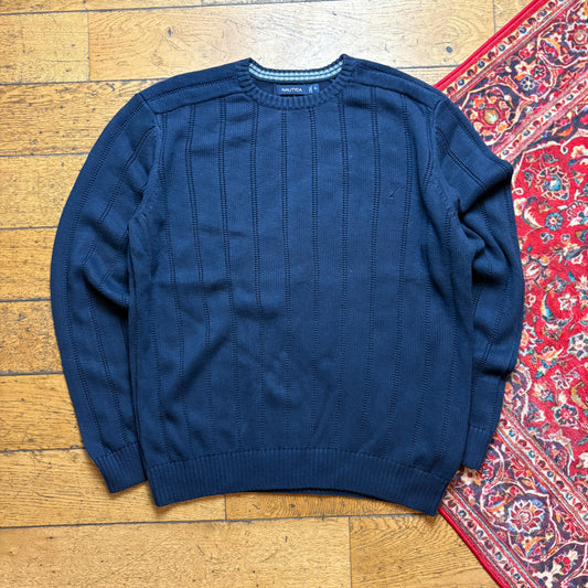 Vintage Nautica Navy Cable Ribbed Knit Jumper - XL