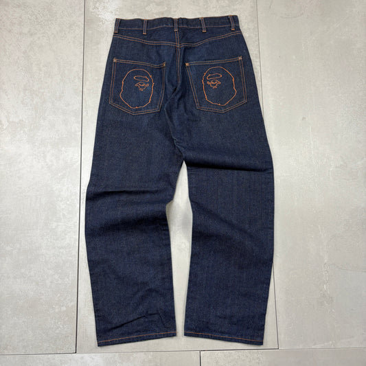 Vintage Bape Bathing Ape Embroidered Blue Baggy Jeans - 33