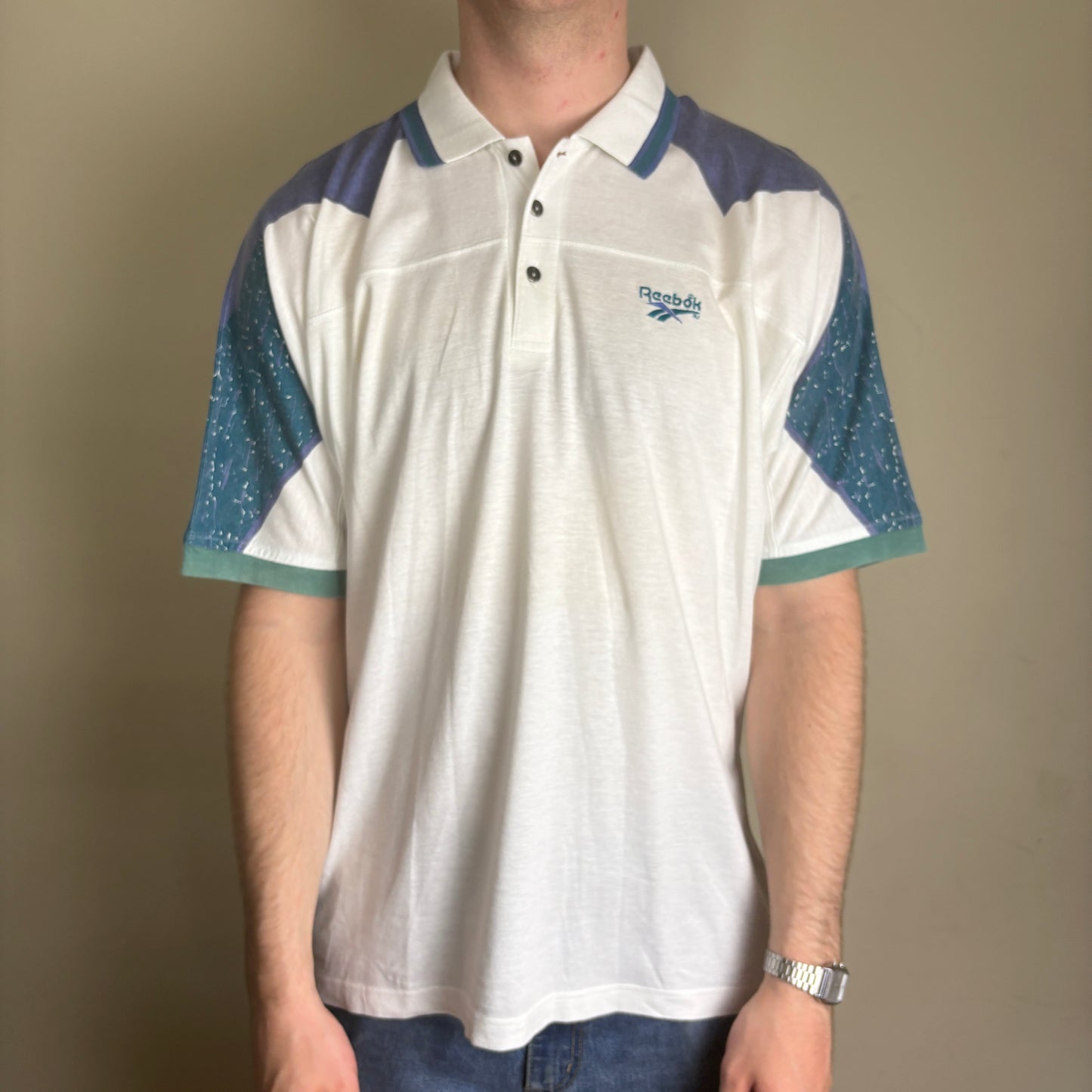 Vintage Reebok White Blue Polo Shirt - L