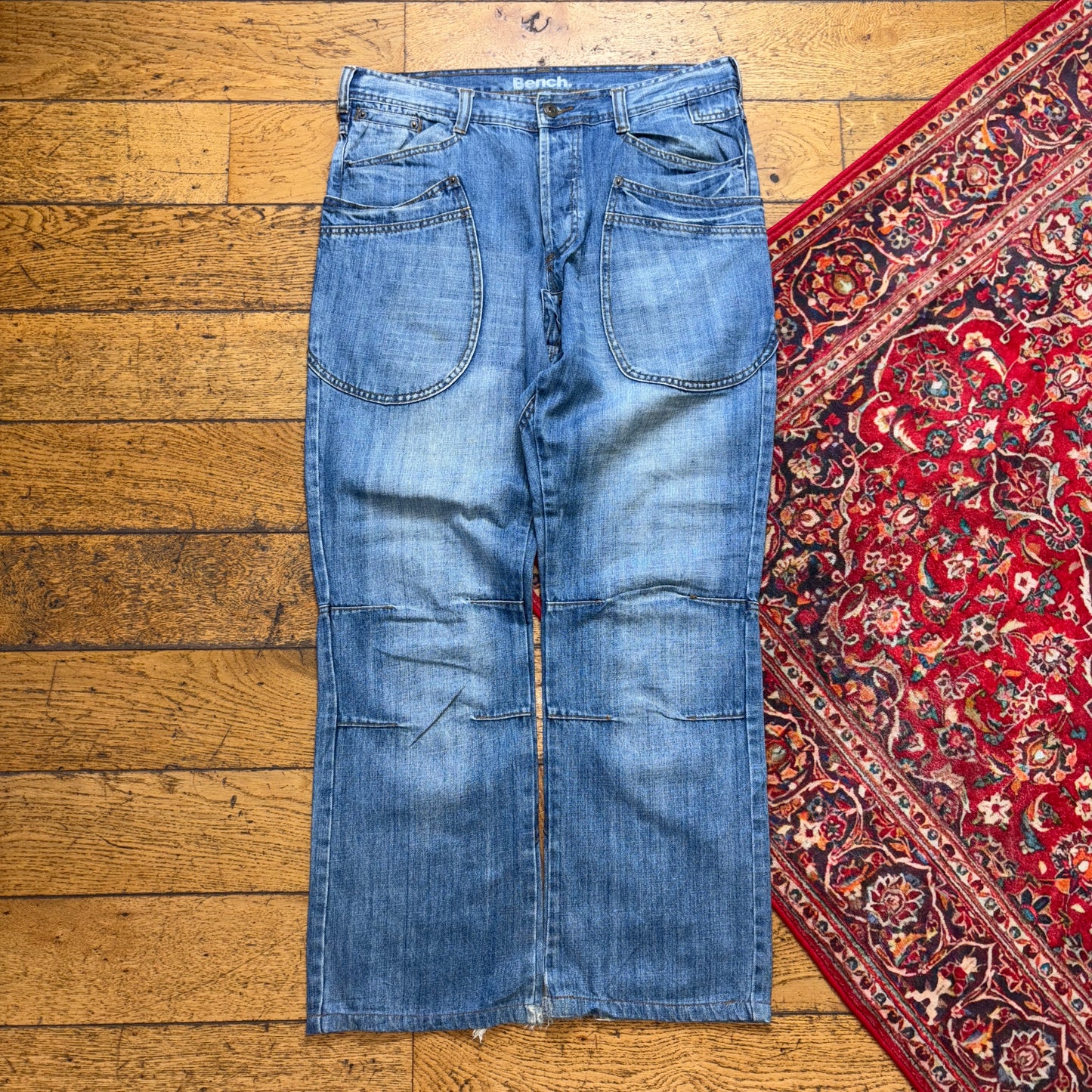 Vintage Bench Blue Embroidered Y2K Hip Hop Baggy Jeans - 36S