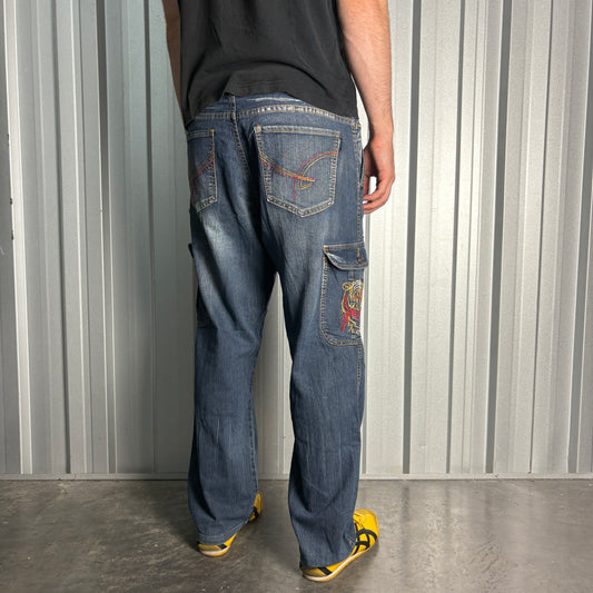 Embroidered Blue Tiger Cargo Japanese Denim Hip Hop Y2K Baggy Jeans - 36S