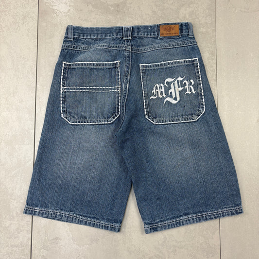 Vintage Mi Raza Fiel Embroidered Hip Hop Blue Baggy Shorts Jorts - 34