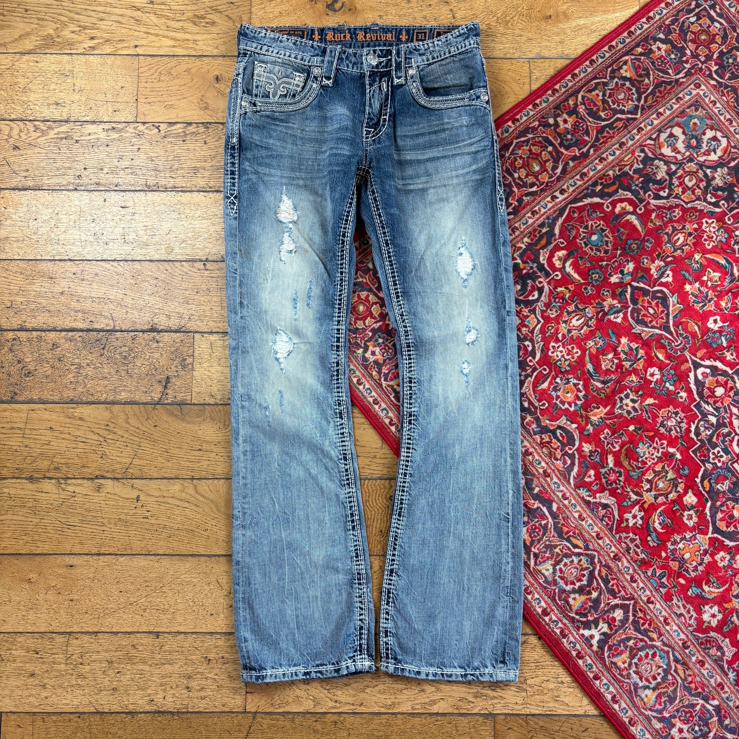 Vintage Rock Revival Blue Embroidered Y2K Hip Hop Bootcut Jeans - 34