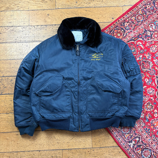 Vintage Navy Embroidered Pilot Aviator Bomber Jacket - 2XL