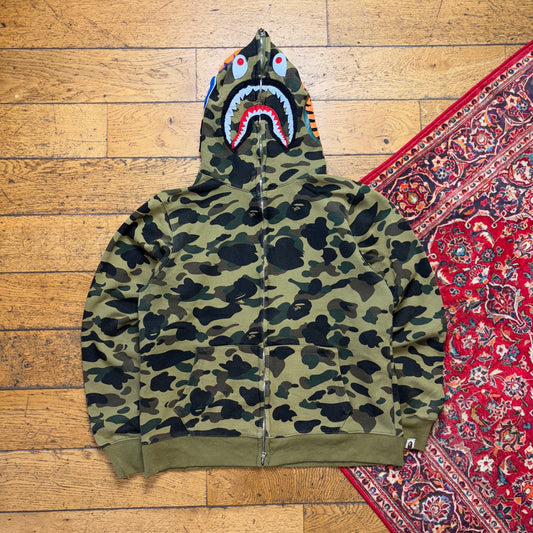 Vintage Bape Bathing Ape Green Camo Shark Hoodie Embroidered Sweatshirt - M