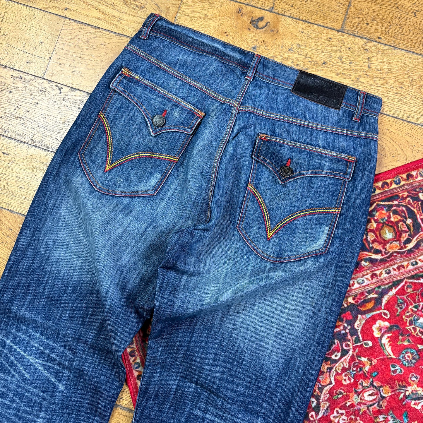 Vintage Blue Embroidered Y2K Hip Hop Baggy Jeans - 36