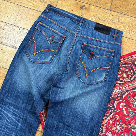 Vintage Blue Embroidered Y2K Hip Hop Baggy Jeans - 36