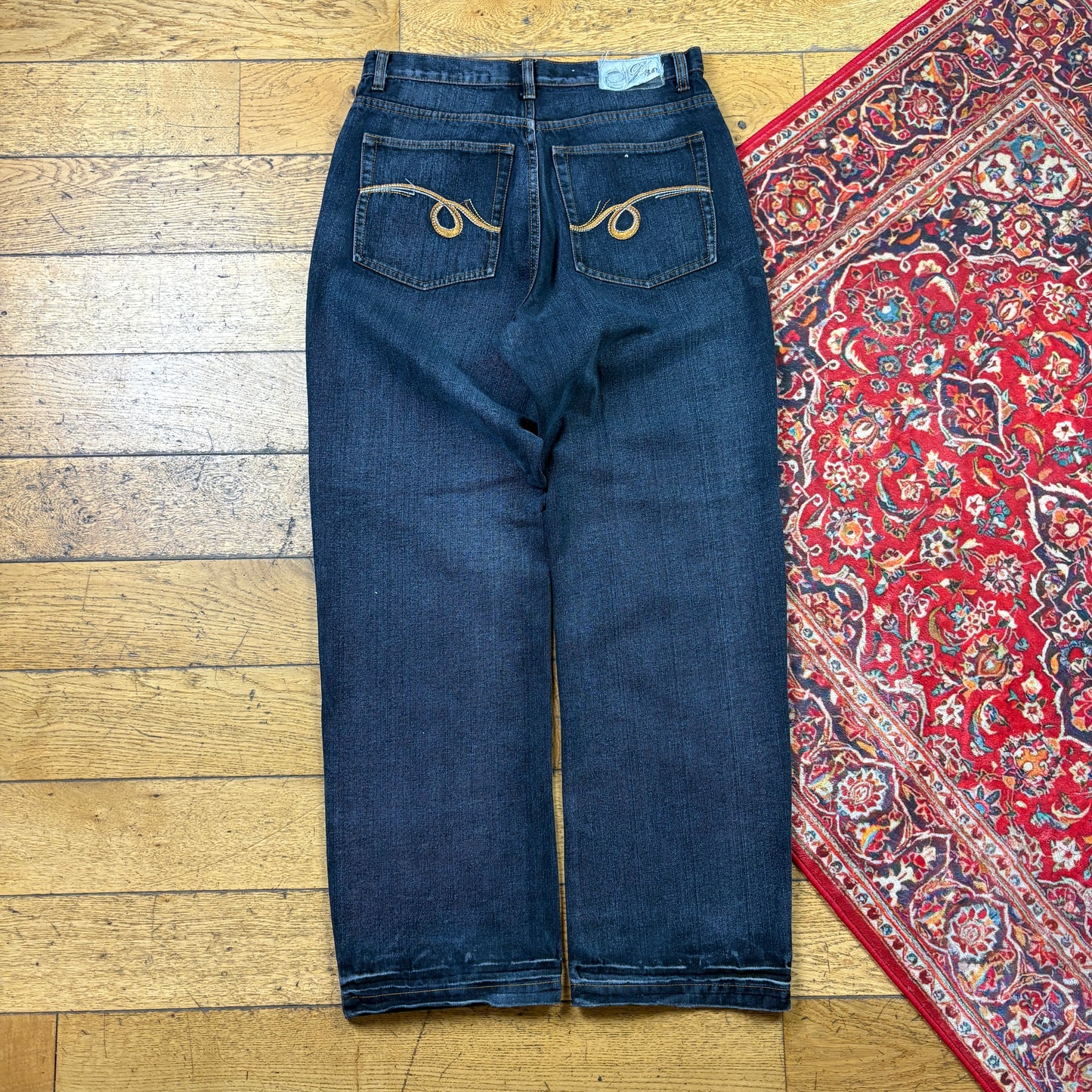 Vintage Blue Embroidered Y2K Hip Hop Baggy Jeans - 34