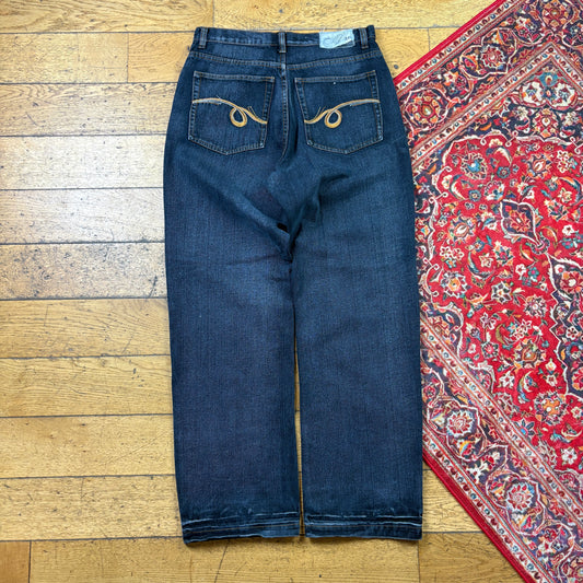 Vintage Blue Embroidered Y2K Hip Hop Baggy Jeans - 34