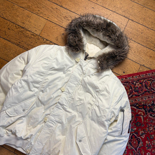 Vintage Ecko Unltd Cream Fur Hood Bomber Aviator Jacket - XL