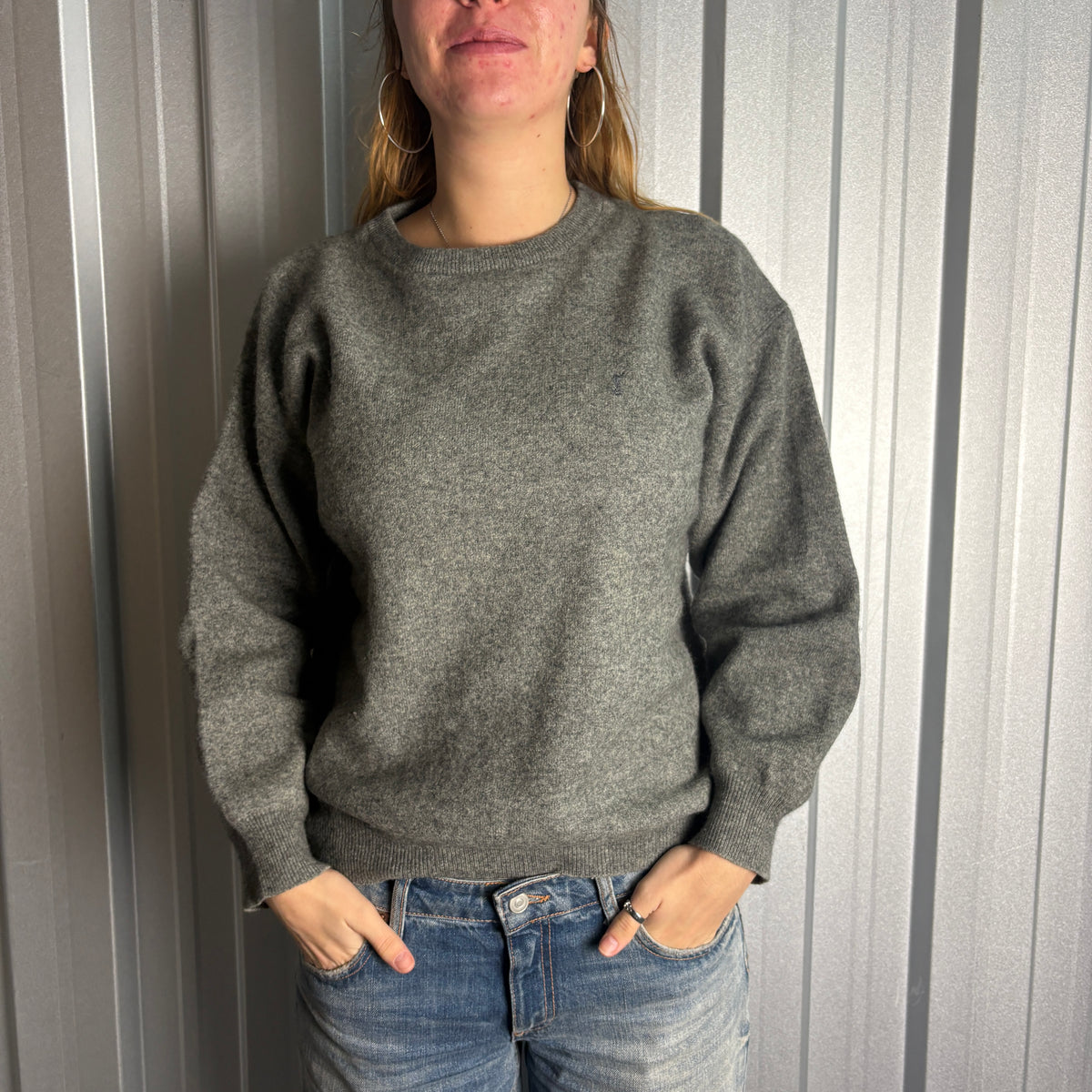 Vintage YSL Yves Saint Laurent Grey Wool Chunky Knit Jumper - S